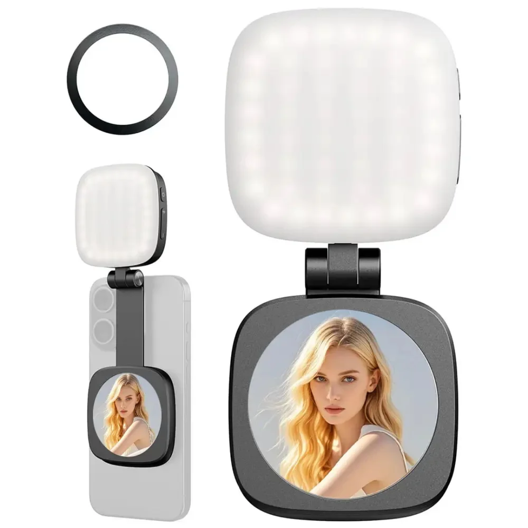 Lampe LED Professionnelle pour Selfie & Vlogging - Éclairage 3-en-1 et Miroir HD Compact